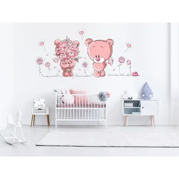 Samolepící dekorace Medvídci a květiny samolepky na zeď arch 100 x 48 cm