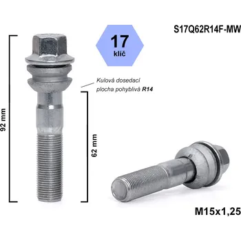 Šroubek na kolo Kolový šroub M15x1,25x62 kulový R14, pohyblivá plocha, klíč 17, S17Q62R14F-MW, výška 92 mm