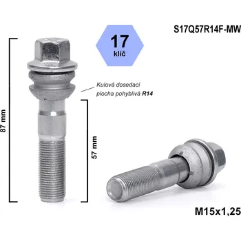Šroubek na kolo Kolový šroub M15x1,25x57 kulový R14, pohyblivá plocha, klíč 17, S17Q57R14F-MW, výška 87 mm