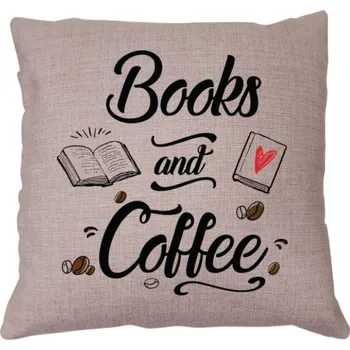 Káva Polštář lněný vzhled s potiskem Knihy a káva