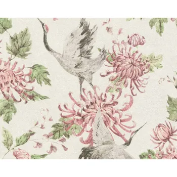 Tapeta Vliesová tapeta 374642 růžová, šedá, zelená, Jeřáb / Tapety na zeď 37464-2 Asian Fusion (0,53 x 10,05 m) A.S.Création