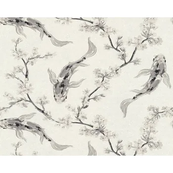Tapeta Vliesová tapeta 374622 krémová, béžová, černá, ryby, květy / Tapety na zeď 37462-2 Asian Fusion (0,53 x 10,05 m) A.S.Création