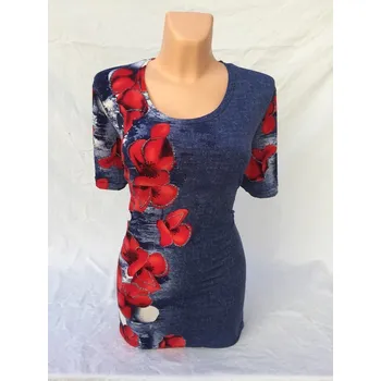 Dámská halenka Halenka s červenými květy MÁKA, Barva Modrá, Velikost XL 44, Materiál 96% Viskoza 4% Lycra