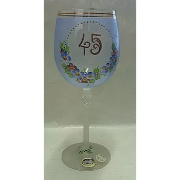 Jubilejní číše vyročka skleněná na noze malovaná pestré květy se zlatým číslem 45