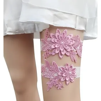 Podvazkový pás IDARY Svatební podvazek květina krajkový set 2ks - Růžová