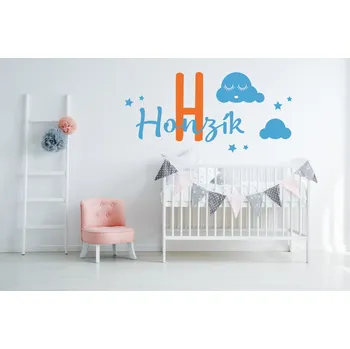 Samolepící dekorace Lepy.cz Samolepka pro miminka Mraky + jméno pro kluky Kombinace barev: Světle oranžová + ledová modrá, Velikost vzoru po nalepení: l20x58cm