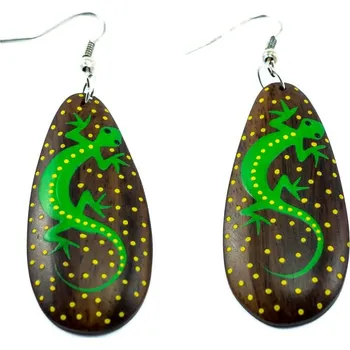 Náušnice Malované dřevěné náušnice Zelená ještěrka