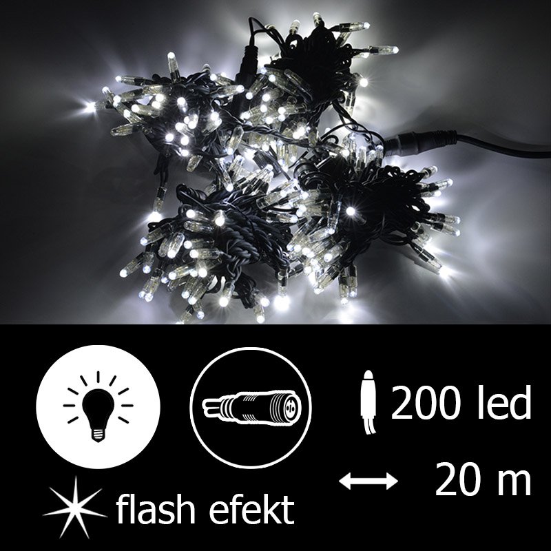 Světelný řetěz LED-PLR-F-200 bílá+bílá/čk 20m, 200 LED (světelný vánoční řetěz venkovní s flash efektem)
