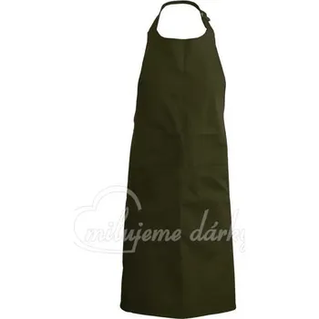 Kuchyňská zástěra Dlouhá tmavě olivově zelená nastavitelná zástěra s laclem, 2 zaoblenými kapsami