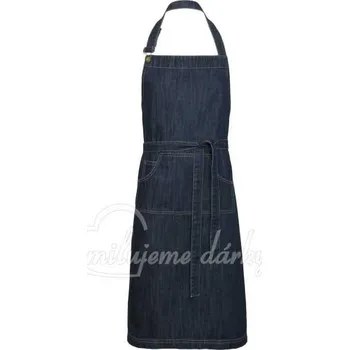 Kuchyňská zástěra Klasická dlouhá modrá džínová zástěra s laclem a ozdobnými kapsami