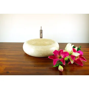 Umyvadlo Designové kulaté kamenné umyvadlo na desku, mramor světle béžový, průměr 42 cm