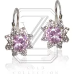 Zlaté náušnice, bílé i žluté zlato čiré zirkony a pink zirkon - VE 61