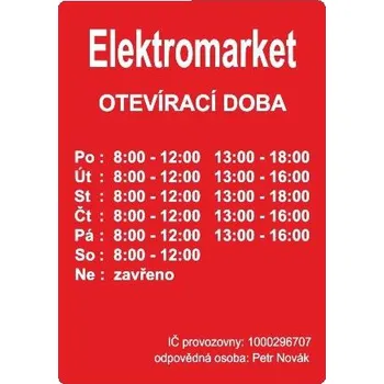 Informační tabulka Pelisport Firemní štítek s prodejní dobou červená