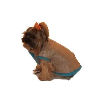 Obleček pro psa Marysa zimní vesta s kapucí rozepínací béžová a modrá 25 cm délka, 30 cm obvod