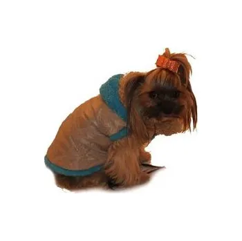 Obleček pro psa Marysa zimní vesta s kapucí rozepínací béžová a modrá 40 cm délka, 45 cm obvod