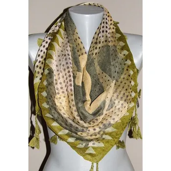 Šátek Šátek čtvercový s třásněmi 343 - khaki se vzorem VÝPRODEJ