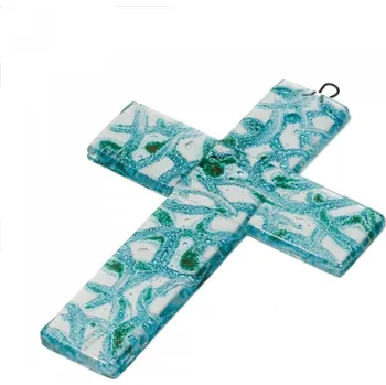 Svícen Skleněný kříž na stěnu tyrkysový malý - půlkruhy