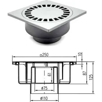 kanalizační vpusť Kanalizační vpusť 250x250mm 1500kg (podlahová vpusť, zátěžová kanalizační vpusť)