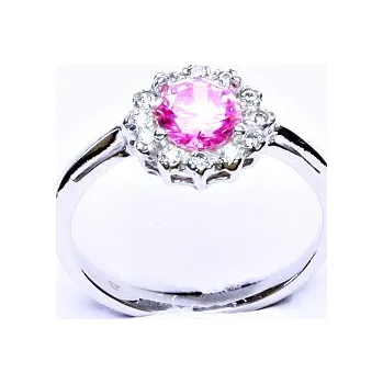 Prsten Zlatý prsten, bílé zlato, růžový zirkon, čiré zirkony, T 1495