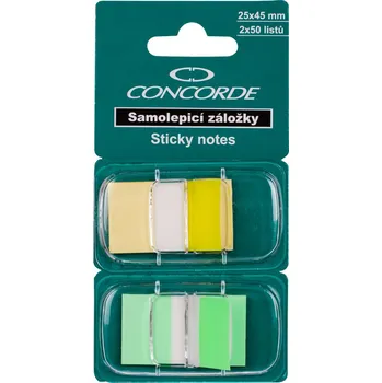 Samolepící bloček Samolepicí záložky CONCORDE,25x45mm,2x50 lístků, žlutá-zelená A0978