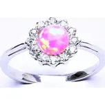 Zlatý prsten, bílé zlato, růžový syntetický opál, čiré zirkony, T 1495
