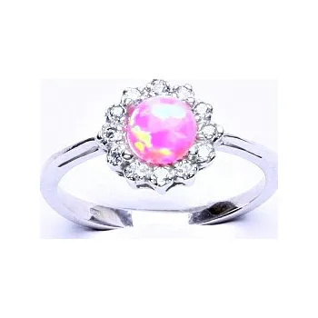 Prsten Zlatý prsten, bílé zlato, růžový syntetický opál, čiré zirkony, T 1495