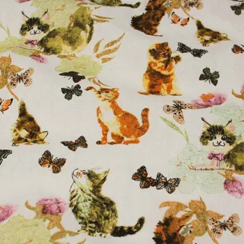 Dekorační látka bílá, kočičky a motýlci, š.140