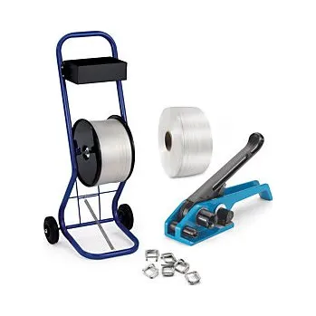 Stahovací páska Páskovací sada textilní vázací pásky v odvíječi 13 mm, návin 1100 m, standardní, pevnost v tahu 380kg | RAJA - Balení po 1 ks