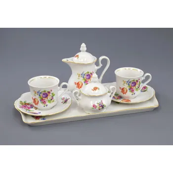 Leander Kávová souprava, český porcelán, Mary-Anne, barevná kytice, Leander, 9 d.