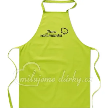 Kuchyňská zástěra DNES VAŘÍ MAMKA limetkově zelená kuchyňská bavlněná zástěra s laclem s potiskem