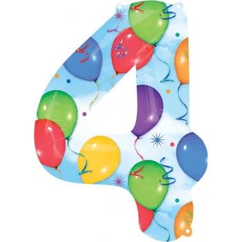 Balónek Amscan číslo 4 modrý s motivem balonků 86 cm