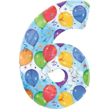 Balónek Amscan číslo 6 modrý s motivem balonků 86 cm