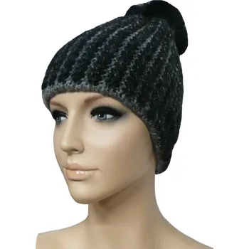 Rukavice Dámská čepice s bambulí - melír černo-šedý