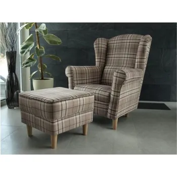 Křeslo Křeslo ušák s taburetem, hnědé karo, ASTRID