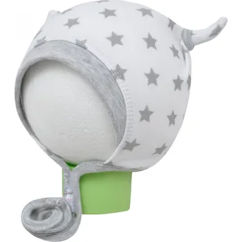 Kojenecká čepice bílo-šedá hvězdičkovaná čepička s oušky na tkaničku