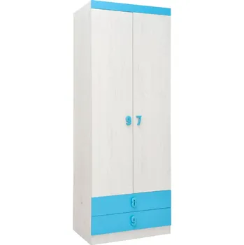 Šatní skříň Dvoudvéřová skříň se zásuvkami O2V2F dub bílý/modrá NUMERO