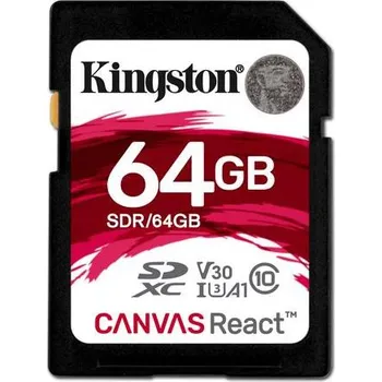 Kingston Canvas React SDXC 64 GB Class 10 UHS-I U3 V30 A1 (SDR/64GB) Paměťová karta Kingston Canvas React SDXC 64 GB Class 10 UHS-I U3 V30 A1 (SDR/64GB)