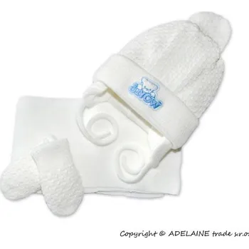 Módní doplněk Baby Nellys Sada - čepička, šál a rukavičky Medvídek - bílý (modrá výšivka)