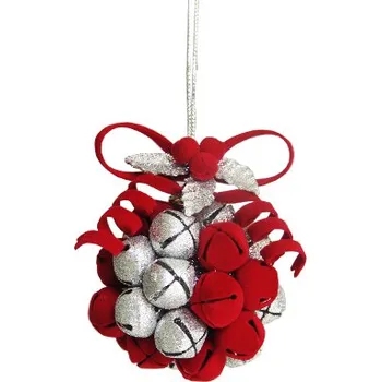 Vánoční dekorace Dekorace závěsná - červeno / stříbrná koule z rolniček 10 cm, 1ks