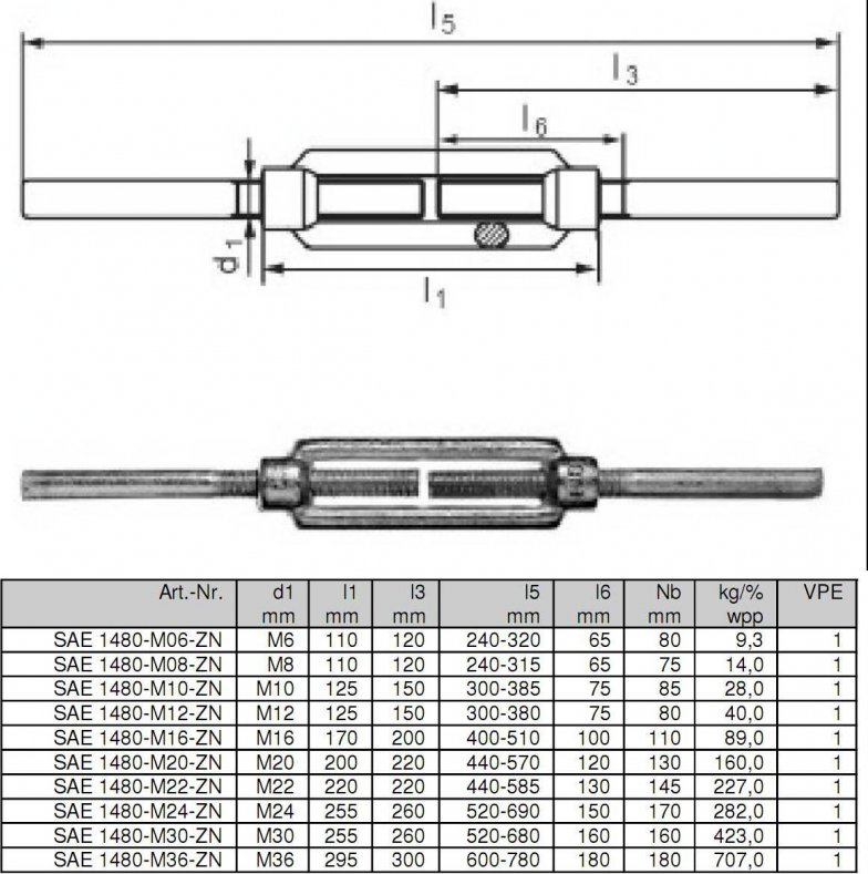 Závitový lanový napínák navařovací SAE 1480-M16