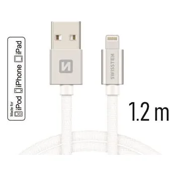 Datový kabel SWISSTEN datový kabel USB-A / Lightning, s textilním opletem, certifikace, MFi, délka 1,2 m Barva kabelu: Stříbrná