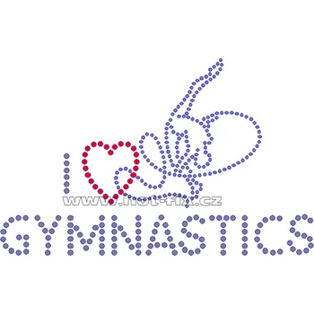 C069 - nažehlovací potisk z hot-fix kamínků I love gymnastics, rozměry cca 16,7x10,5cm barva: polobroušené kameny barva 101 Crystal /stříbrná a 103 Siam /červená