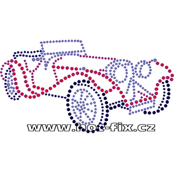 M023 - auto veterán nažehlovací hot-fix kamínková aplikace na textil, rozměry cca 15,2x8,3cm barva: polobroušené kameny barva 101 Crystal /stříbrná+124 Jet /černá+103 Siam /červená