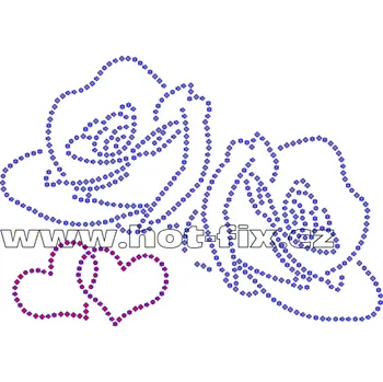 VAL008 - nažehlovací kamínkový potisk růže a srdce, rozměry cca 15,1x10,7cm barva: polobroušené kameny barva 101 Crystal /stříbrná a 103 Siam /červená