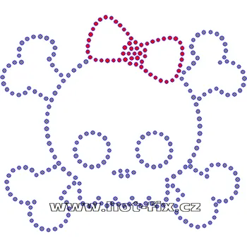 SL002 - nažehlovací potisk z hot-fix kamínků lebka s mašlí, rozměry cca 16,6x14,7cm barva: polobroušené kameny barva 101 Crystal /stříbrná a 103 Siam /červená