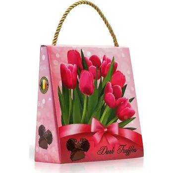Bonboniéra Selllot, s.r.o., K Hájům 34, 155 00 Praha 5 - Vyrobeno v Belgii Hořké čokoládové lanýže s vločkami z hořké čokolády - Tulipány 250g