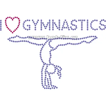 C035 - nažehlovací potisk z hot-fix kamínků I love gymnastics, rozměry cca 21,2x14,5cm barva: polobroušené kameny barva 101 Crystal /stříbrná a 103 Siam /červená