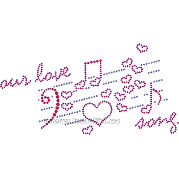 VAL001 - nažehlovací kamínkový potisk Valentýn Our love song, rozměry cca 21,6x11,0cm barva: polobroušené kameny barva 101 Crystal /stříbrná a 103 Siam /červená