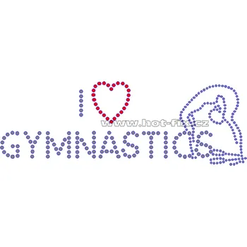 C073 - nažehlovací potisk z hot-fix kamínků I love gymnastics, rozměry cca 19,3x6,7cm barva: polobroušené kameny barva 101 Crystal /stříbrná a 103 Siam /červená