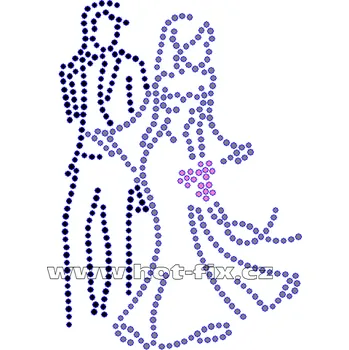 SVAT022 - nažehlovací hot-fix kamínková aplikace svatba-nevěsta a ženich, rozměry cca 7,9x11,2cm barva: polobroušené kameny barva 101 Crystal /stříbrná+124 Jet /černá+106 Rose /růžová